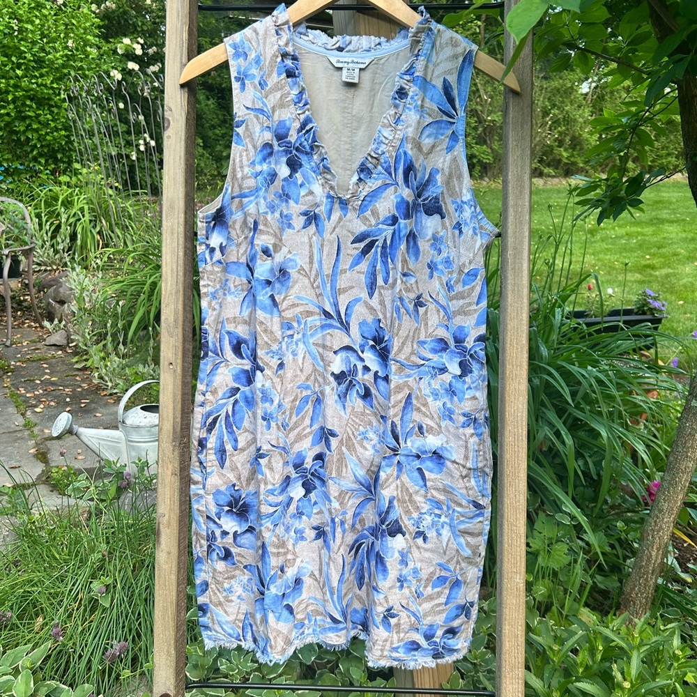 Tommy Bahama Blue and Beige Floral Linen Blend Dress Women’s size medium